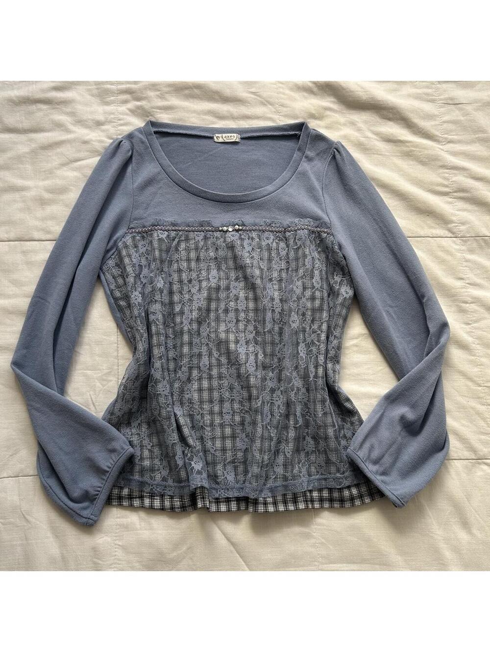 Axes Femme Dusty Blue Floral Lace Plaid Pearl Long Sleeve Top M Japan